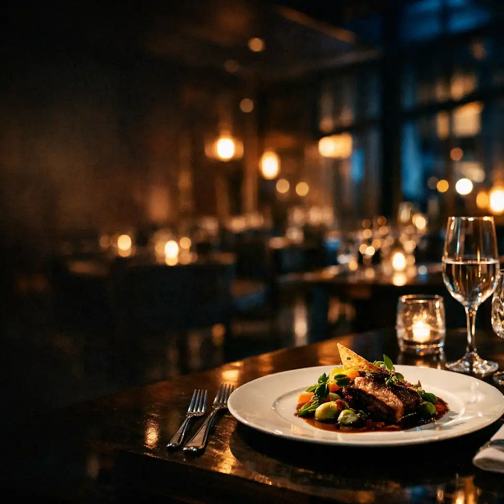 Eleganckie danie fine dining w kinowym świetle