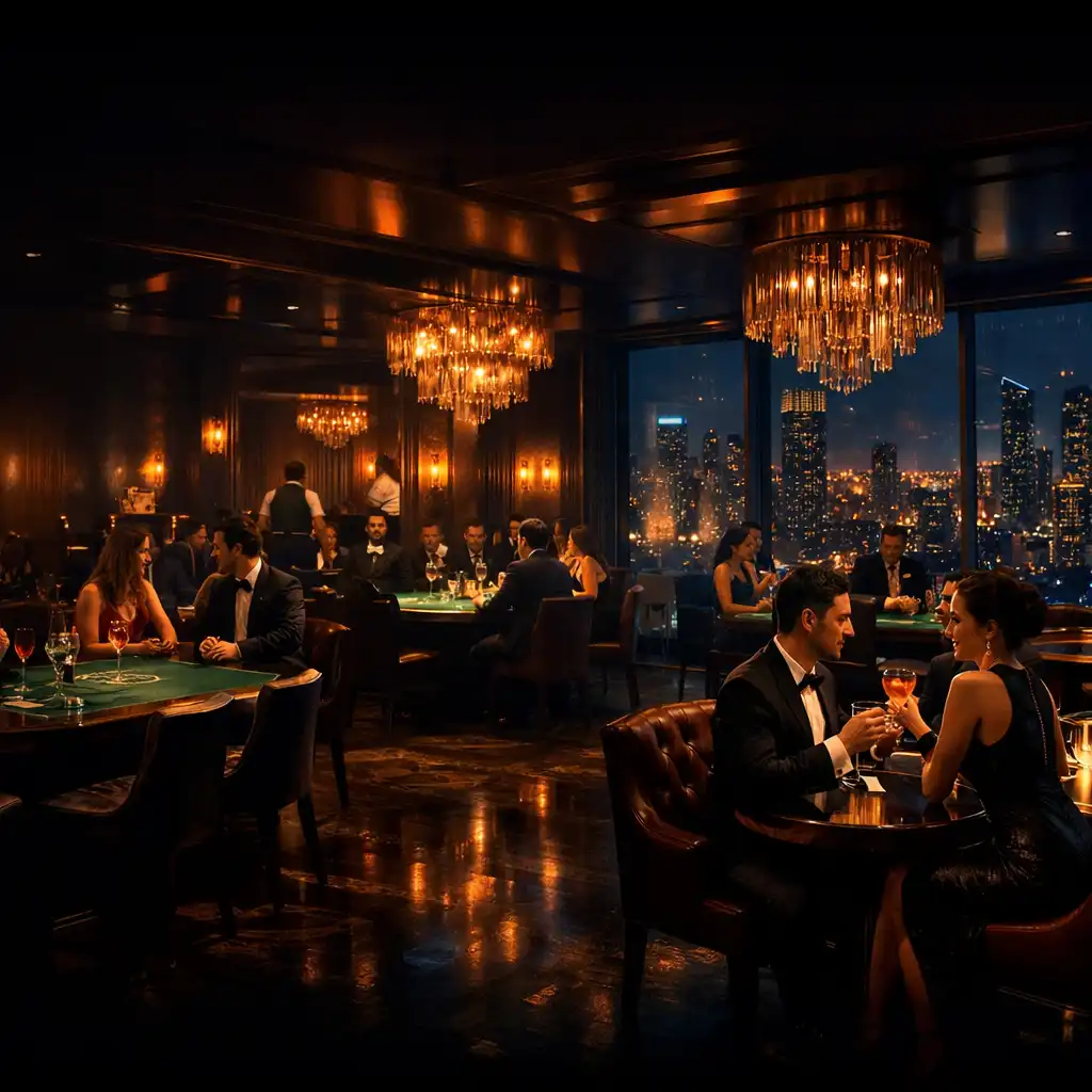 Luksusowe wnętrze restauracji nocą
